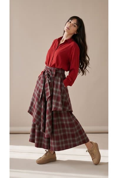 Cream Rouge EKOSELİ BAĞLAMALI BORDO GRİ KARIŞIMI RENK KLOŞ PANTOLON ETEK