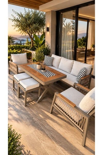 ANGREAT Palmira Serisi Balkon Takımı, 3-1-1 Cappuccino Bahçe Takımı, (3'lü Koltuk 70x180, 2 Tekli Koltuk 90x70, Masa 70x110, 2 puf)