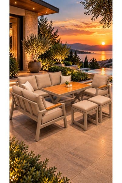 ANGREAT Efes Serisi Balkon Takımı, 3-2-1 Cappuccino Bahçe Takımı, (3'lü Koltuk 70x180, 2'li Koltuk 70x150 , Tekli Koltuk 90x70, Masa 70x110, 2 puf)