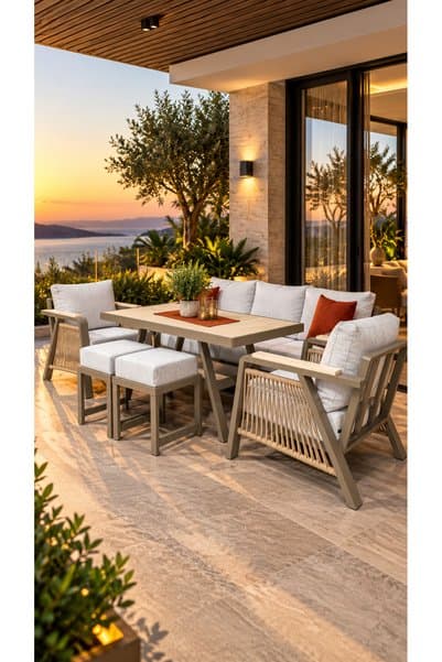 ANGREAT Bodrum Serisi Balkon Takımı, 3-1-1 Cappuccino Bahçe Takımı, (3'lü Koltuk 70x180, 2 Tekli Koltuk 90x70, Masa 70x110, 2 puf)