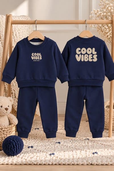 Minelia Kids Erkek Bebek Lacivert %100 Pamuk Cool Vibes Baskılı Şardonsuz Sweatshirt ve Eşofman Altı 2’li Takım
