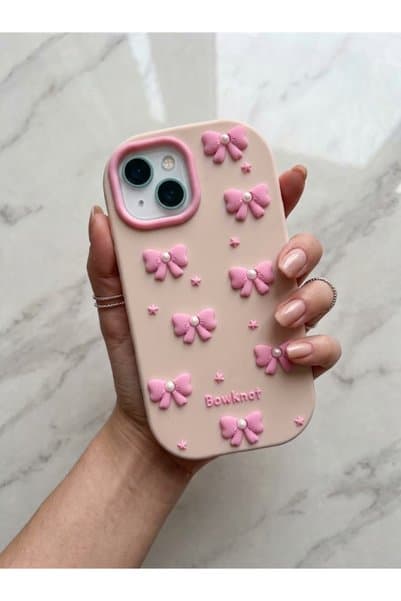 Genel Markalar iphone 13 3D Pembe Fiyonklu İnci Detaylı Zarif Silikon Kılıf