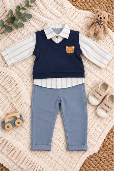 Minelia Kids Erkek Bebek Ayıcık Figürlü Çizgili Sweat 2’li Takım %100 Pamuk Keten Pantolonlu 6-24 Ay