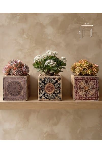 Çiçeva El Yapımı Mozaik Desenli Eskitme (retro) Dekoratif 3'lü Saksı Seti (9x9 cm)