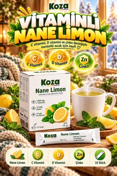 Koza Kışa Güçlü Destek C ve D Vitaminli Nane Limon Kışa Özel C Vitamini D Vitamini Çinko Desteği Matcha Zencefil Tarçın Karabiber İçeren Ferahlatıcı Mentollü Nane Limonlu Premium Sıcak İçecek Tozu 15 Stick