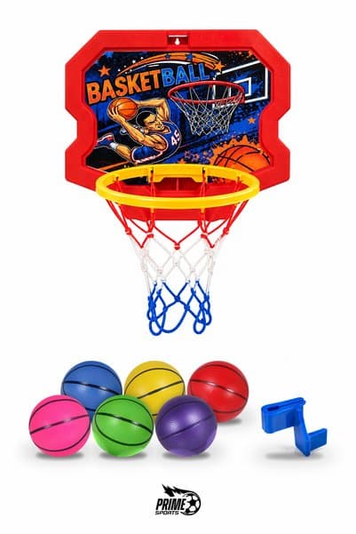 PRIME SPORTS Kapı Arkası Çocuk Basketbol Potası Seti 40x33 cm 6 Yumuşak Mini Top Dahil Duvara Asılabilir