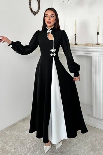 Elbee Fashion Woman Siyah Çin Düğmeli Garnili Elbise