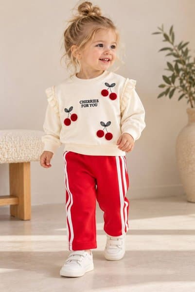 İŞLERKİDS Kız Bebek/Çocuk Kiraz Süzene Baskılı Sweatshirt ve Şerit Aksesuarlı İspanyol Paça 2'li Eşofman Takımı
