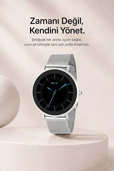 Laleli 43mm İnce Şık Akıllı Saat Uzun Şarj Süresi. Tansiyon Ölçme Nabız Ölçme Gümüş Kasa Gümüş Çelik Hasır Kordon