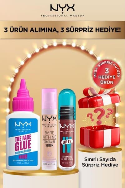 NYX Professional Makeup Face Glue Makyaj Bazı + Bare With Me Kapatıcı 02 + Lip IV Parlatıcı 08 - Mega Sürpriz Kutu Hediye