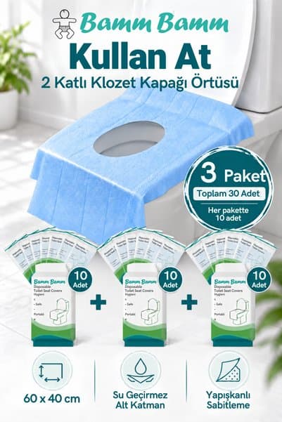 BAMM BAMM Kullan At 2 Katlı Klozet Kapağı Örtüsü | 3x10 Adet | Tüm Klozetlerle Uyumlu | XXL