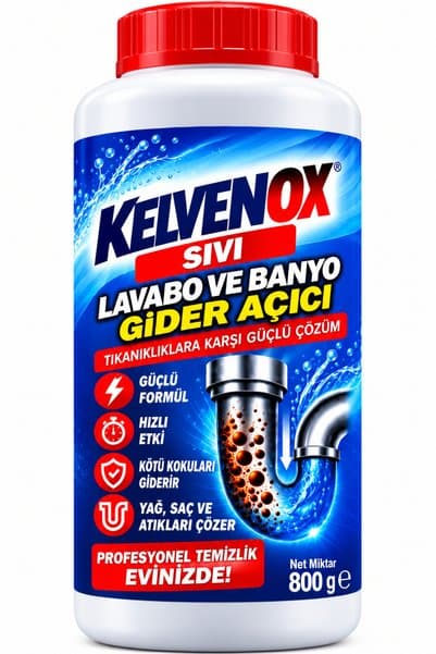 Kelvenox 800 gr Tuvalet WC Lavabo ve Tıkanıklık Açıcı Sıvı HIZLI ETKİLİ FORMÜL