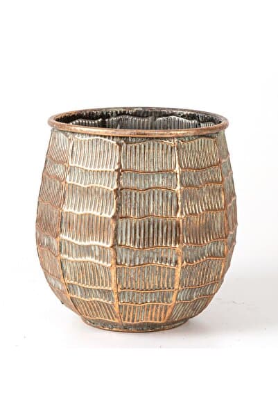 Herdekora Kabartma Çizgi Desenli Metal Çiçeklik Saksı Bakır Eskitme-gri 24x23x24 Cm.