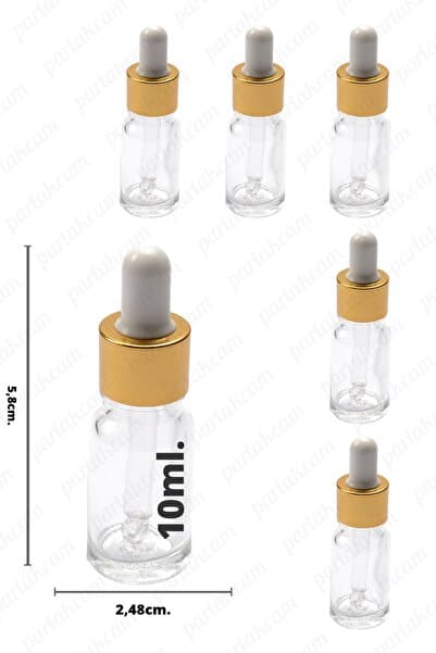 parlakcam 10cc Damlalıklı Şeffaf Şişe Gold Metal Başlıklı Cam Çubuklu Şeffaf Cam Serum Şişesi (5 ADET)