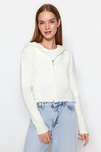 Ecru Crop Hooded Textured Zip-up Knitwear Cardigan TWOAW24HI00370