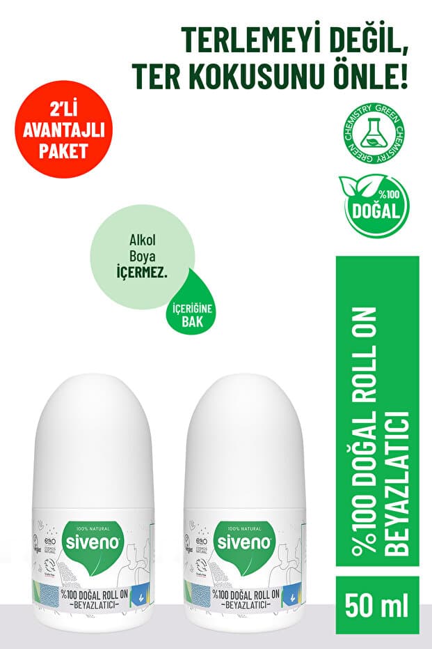 Siveno %100 Doğal Roll-On Beyazlatıcı Etkili Deodorant Ter Kokusu Önleyici Bitkisel Lekesiz 50 ml X2 Adet - Fiyatı