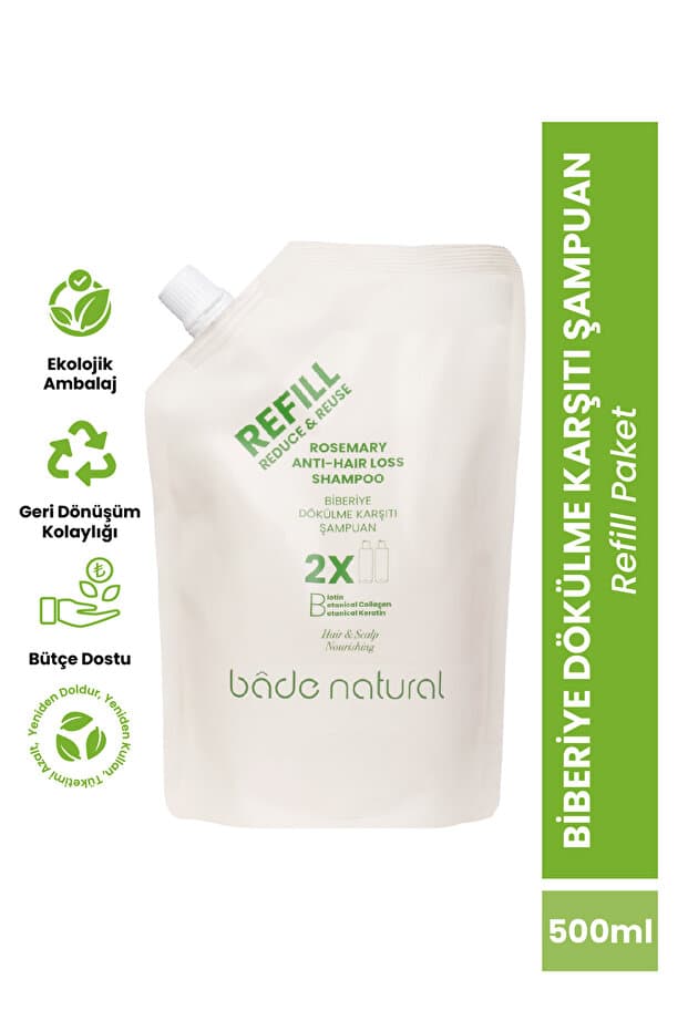Bade Natural Biberiye Saç Dökülmesi Karşıtı Bakım Şampuan Refill Paket 500 ml