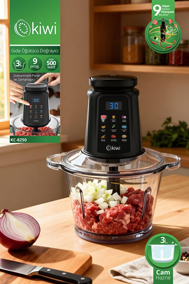 Kiwi KC-8250 Gıda Öğütücü Doğrayıcı | 500W Güçlü Motor&3L Cam Kase &9 Titanyum Bıçaklı & Dokunmatik Ekran