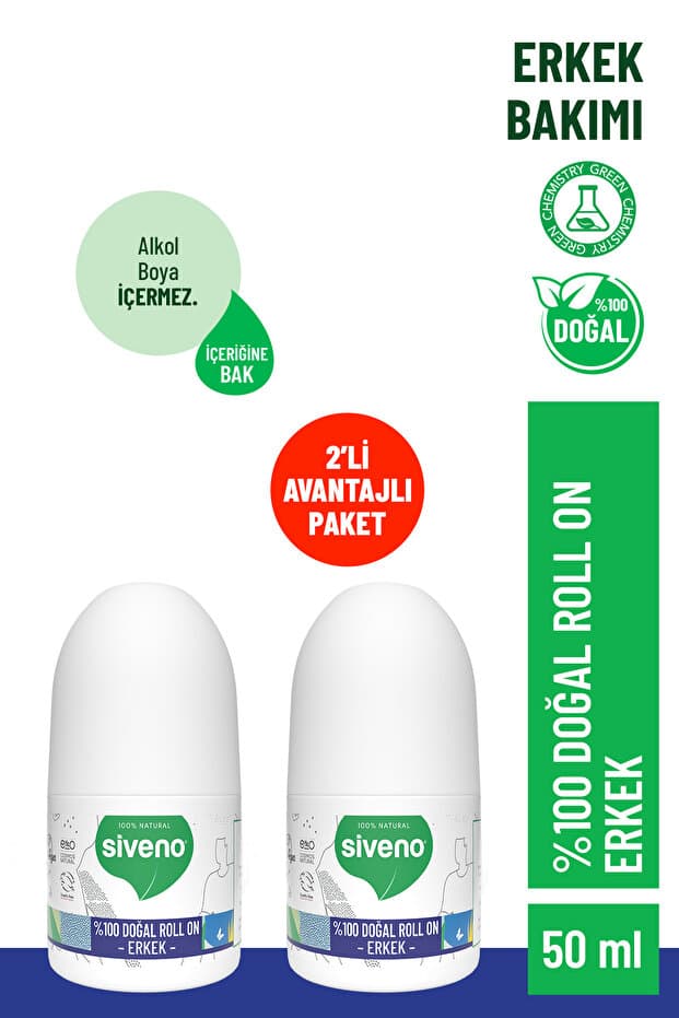 Siveno %100 Doğal Roll On Erkek Deodorant Ter Kokusu Önleyici Leke Bırakmayan Vegan 50 ml X2 Adet - Fiyatı