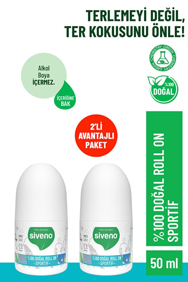 Siveno %100 Doğal Roll-On Sportif Sporcu Deodorant Ter Kokusu Önleyici Bitkisel Lekesiz 50 ml X 2 Adet - Fiyatı
