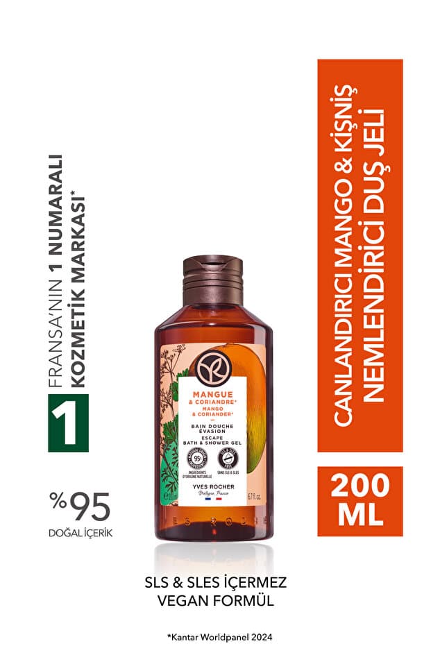 Yves Rocher Duş Jeli - Nemlendirici Canlandırıcı Mango Kişniş-SLS,SLES İçermez,Vegan-200ml