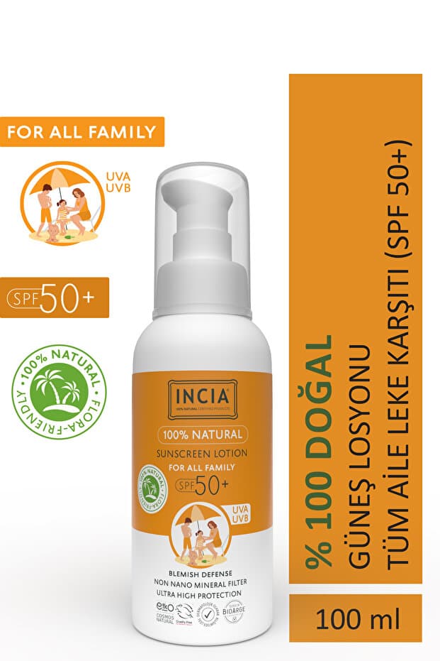 INCIA %100 Doğal Organik Tamanu Yağlı Güneş Losyonu Mineral Filtreli Tüm Aile İçin SPF 50+ UVA UVB 100 ml