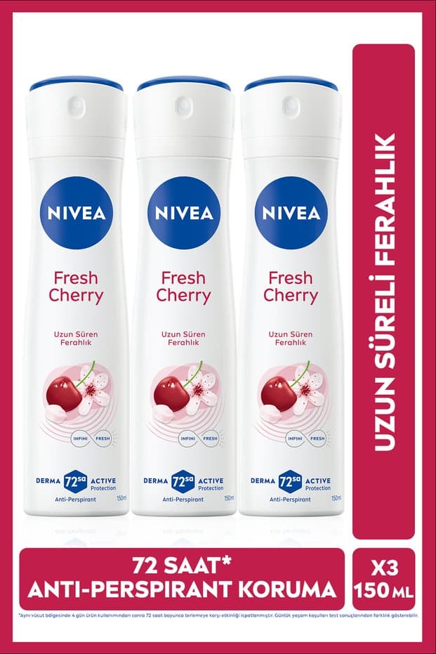 NIVEA Kadın Sprey Deodorant Fresh Cherry 150ml, Kiraz Kokusu, Terleme Karşıtı, X3 Adet - Fiyatı