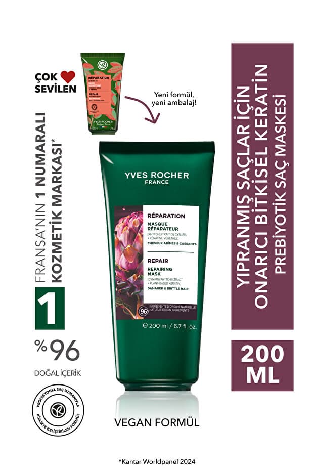 Yves Rocher Onarıcı Bitkisel Keratin Prebiyotik Saç Maskesi - Yıpranmış Saçlar / Reparation -Vegan -200ml