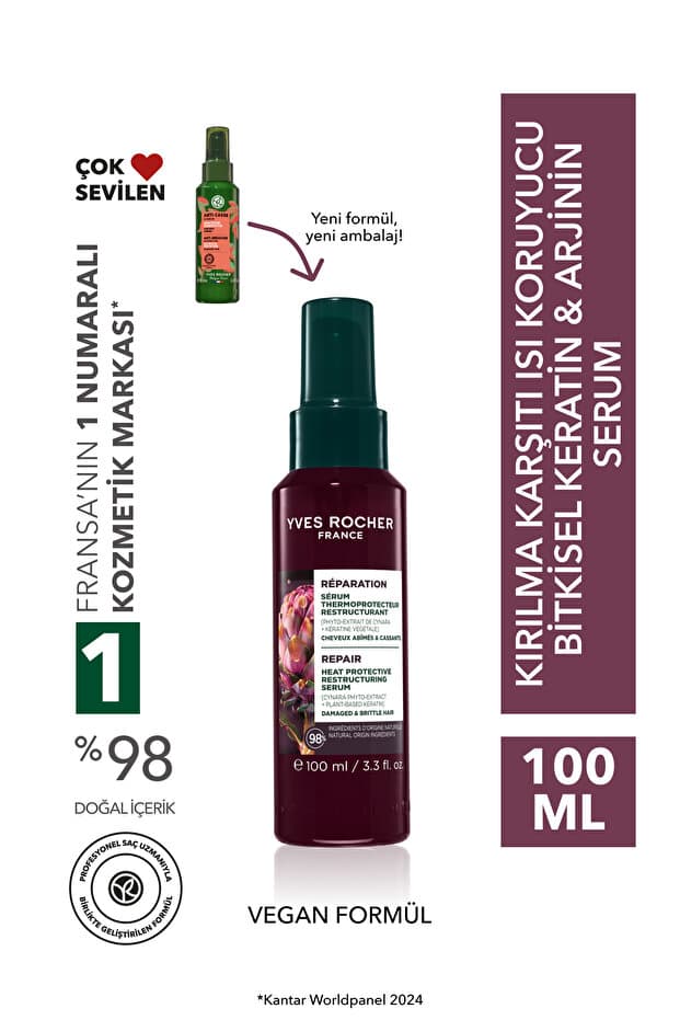 Yves Rocher Kırılma Karşıtı Isı Koruyucu Bitkisel Keratin Arjinin Serum - Yıpranmış Saçlar -Vegan -100ml