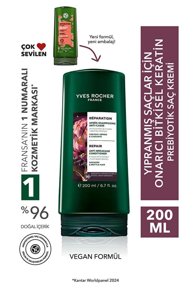 Yves Rocher Onarıcı Prebiyotik Saç Kremi - Yıpranmış Saçlar / Reparation - Vegan -200ml