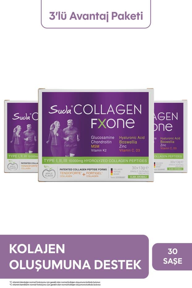 Suda Collagen FXONE Hidrolize Kolajen,Glukozamin,Vitamin C,MSM,Boswella,Eklem- Kemik Elma Aromalı 30Saşe x3 Adet - Fiyatı