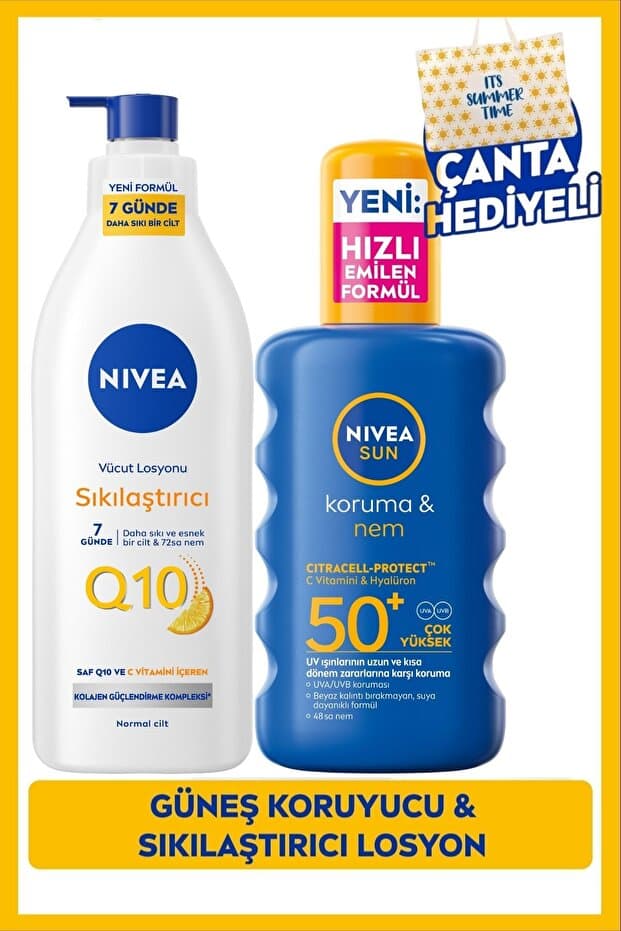 NIVEA SUN SPF50+ Güneş Koruyucu Vücut Spreyi 200ml Ve Q10 Sıkılaştırıcı Vücut Losyonu 400ml,Çanta Hediyeli
