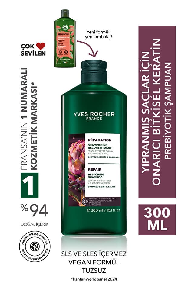 Yves Rocher Onarıcı Keratin Prebiyotik Şampuan - Yıpranmış Saçlar - SLS,SLES içermez,Tuzsuz, Vegan -300ml