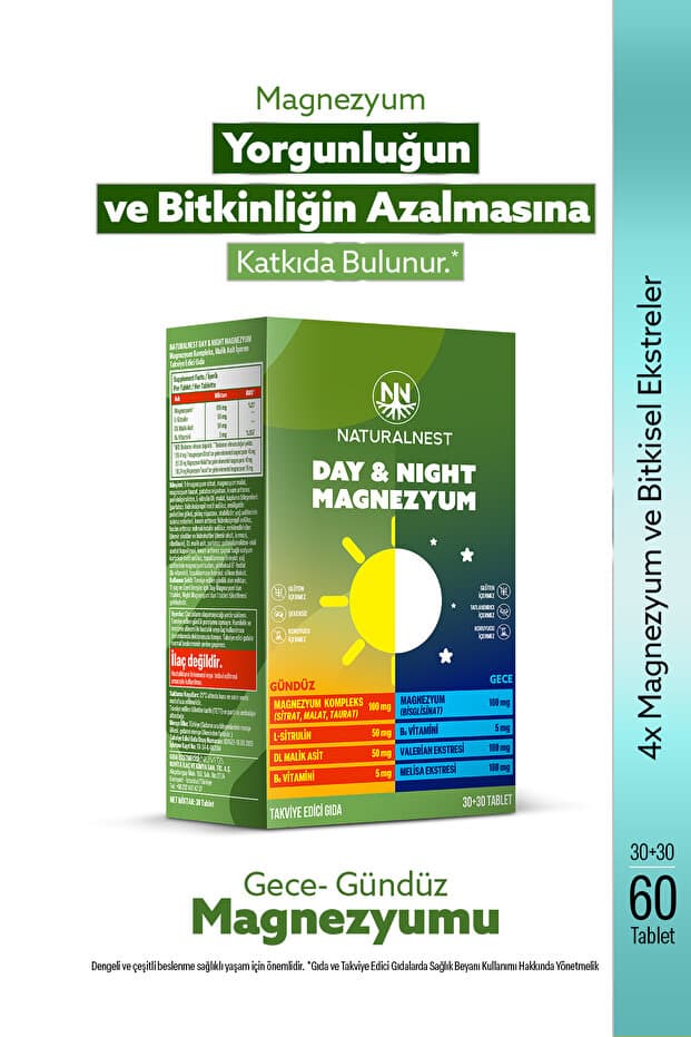 Natural Nest Magnezyum Kompleks Gece Gündüz -Sitrat-Malat-Taurat-Bisglisinat-Malik Asit-Valerian-B6 Vitamin 30+30