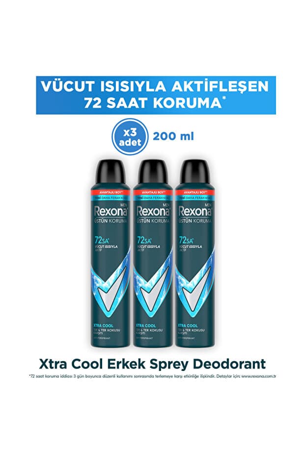 Rexona Men Erkek Sprey Deodorant Xtra Cool 72 Saat Kesintisiz Üstün Koruma 200 ml x3