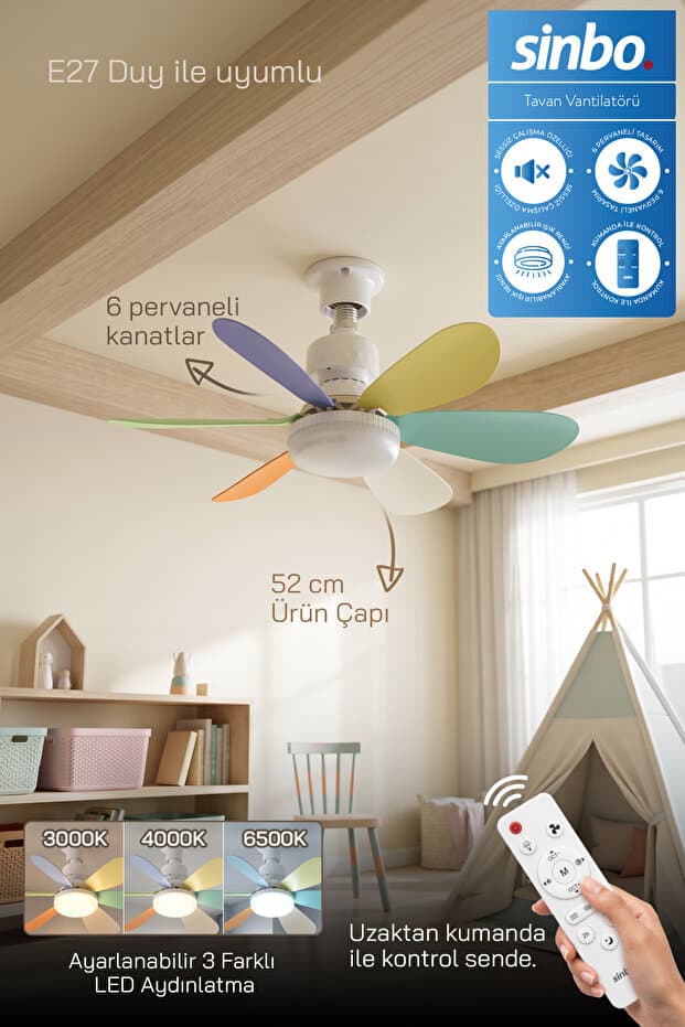 Sinbo SF-7708 3 LED Aydınlatmalı Sessiz Tavan Vantilatörü Kumandalı 6 Kanatlı