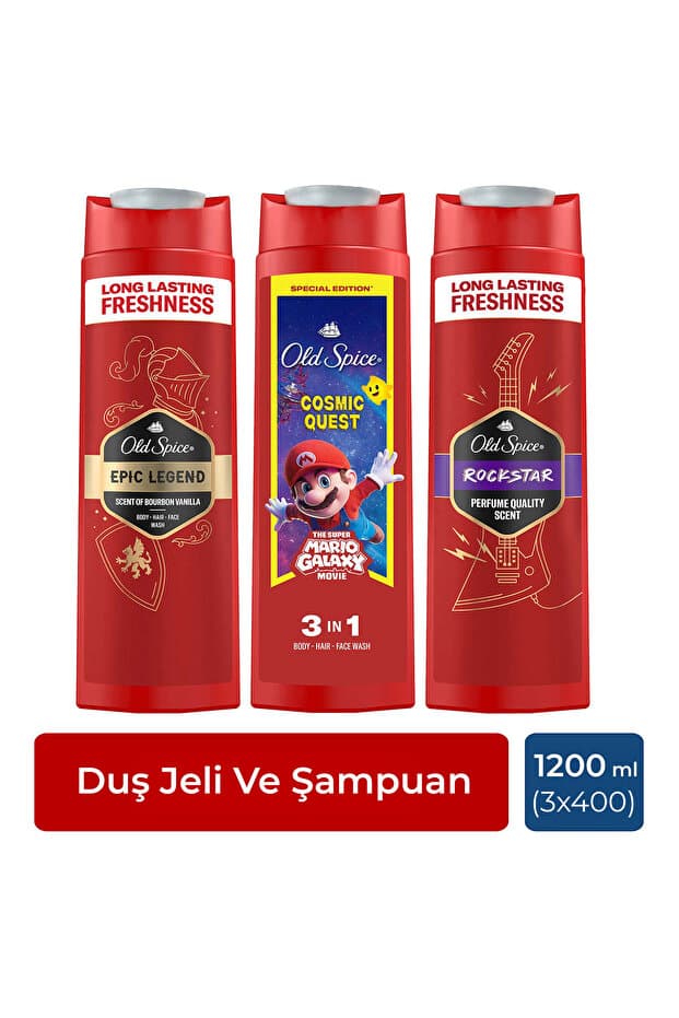 Old Spice Erkek 3'ü 1 Arada Duş Jeli ve Şampuan Seti: Rockstar, Epic Legend, Wolfthorn 400 ml x3 Saç Yüz Vücut - Fiyatı