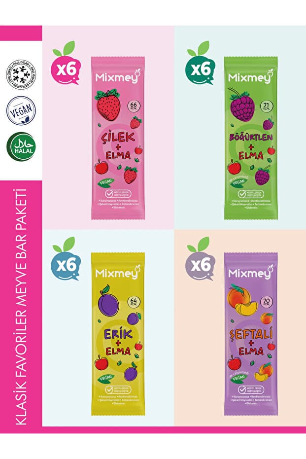 Mixmey Klasik Favoriler Meyve Bar Paketi 24 Adet | Sağlıklı Atıştırmalık Vegan, Glutensiz (20GR X 24 ADET)