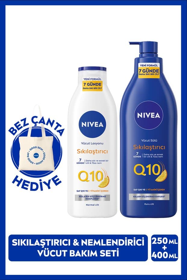 NIVEA Q10 Sıkılaştırıcı Vücut Bakım Sütü 400ml Ve Nemlendirici Losyon 250ml, Bez Çanta Hediye, C Vitamini - Fiyatı