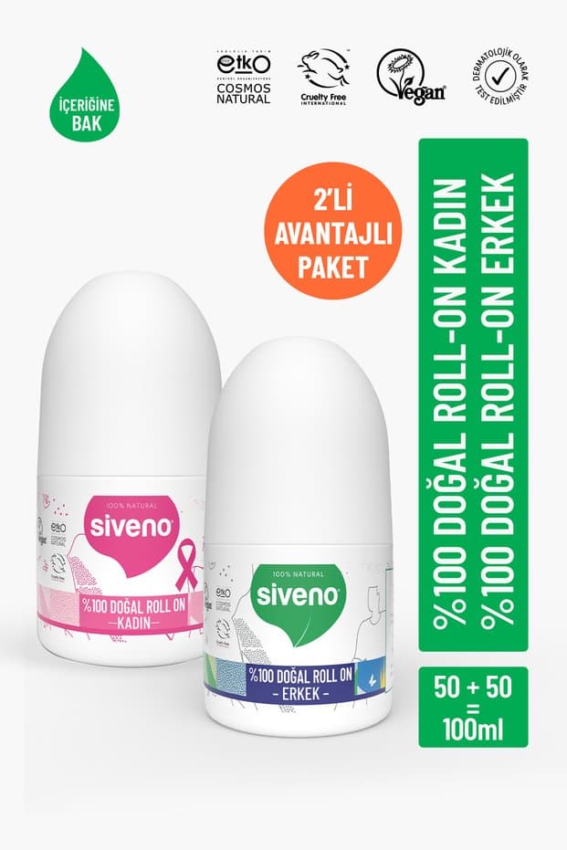 Siveno %100 Doğal Roll-on Kadın + Erkek Deodorant Ter Kokusu Önleyici Leke Bırakmayan 50 ml 2'li Set - Fiyatı