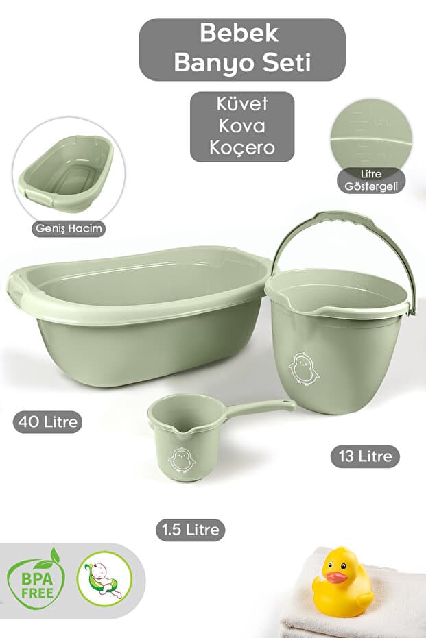 Meleni Baby 3’lü Bebek Banyo Seti - Bebek Yıkama Küveti - Su Kovası - Maşrapa - Yeşil