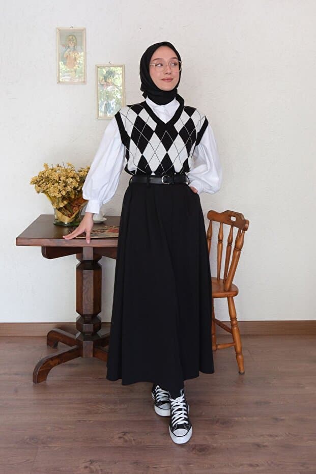 ceylan otantik Siyah Tek Düğmeli Etek