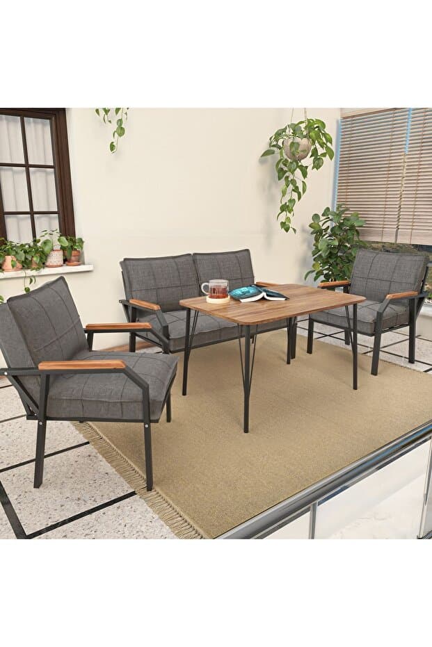 Mygusi Hayal Balkon, Bahçe, Cafe, Metal Kanepe Koltuk Takımı , Bahçe Mobilyası, 60x90 Masalı - 211 Koyu Gri