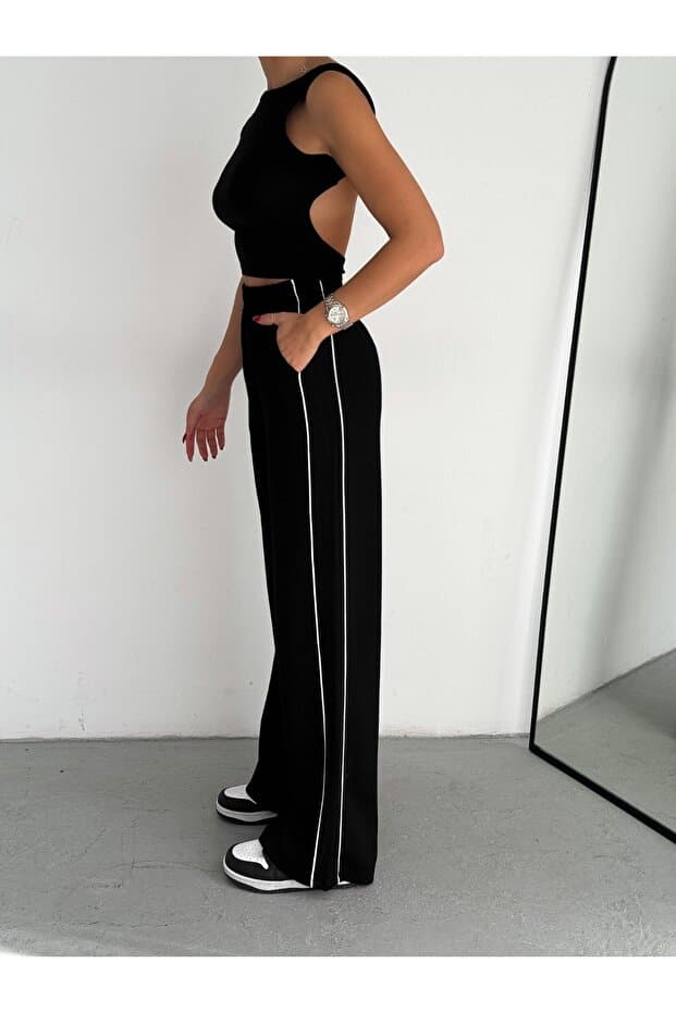 DeChival Yandan Şeritli Modal Kumaş Eşofman Altı Bol Kesim / Wıde Cut Trousers Wıth Sıde Strıpes