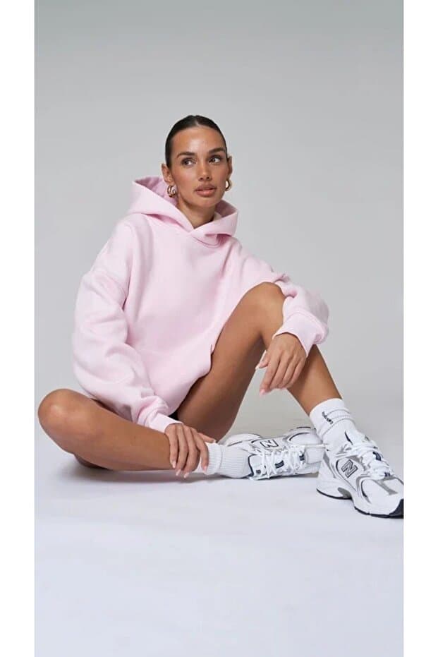 The Champ Clothing Kadın Oversize Sweatshirt Hoodie Basic Pembe – Kapüşonlu, Kanguru Cep, 3 İplik Şardonlu