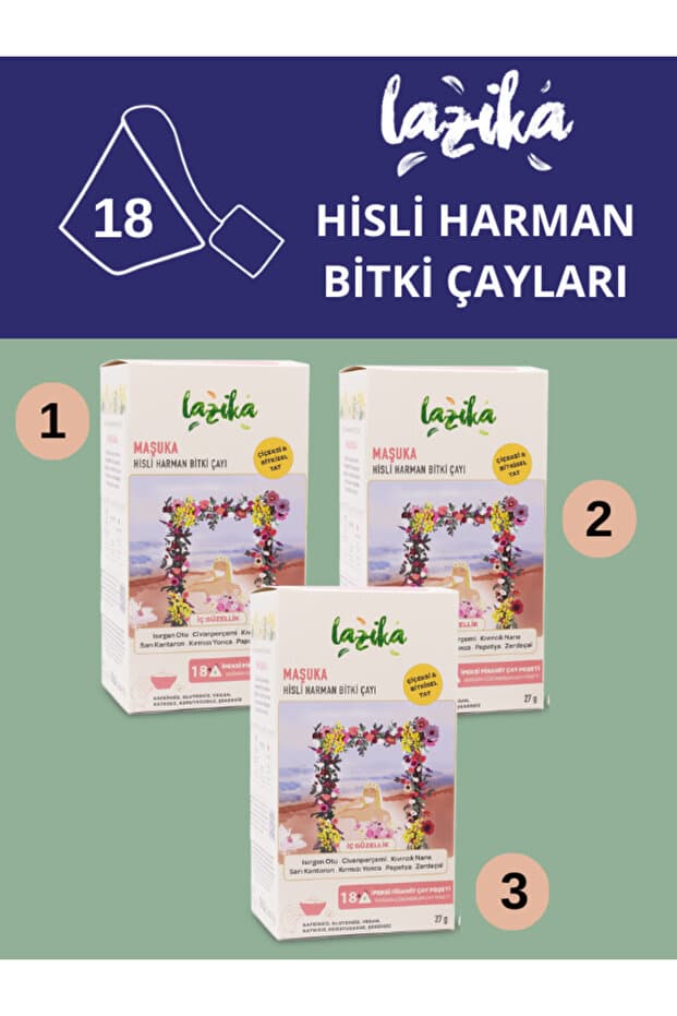 LAZİKA (3'lü Set) Hisli Harman Maşuka Bitki Çayı - Sarı Kantaron, Kırmızı Yonca Çiçeği, Mayıs Papatyası (3x18 Poşet)