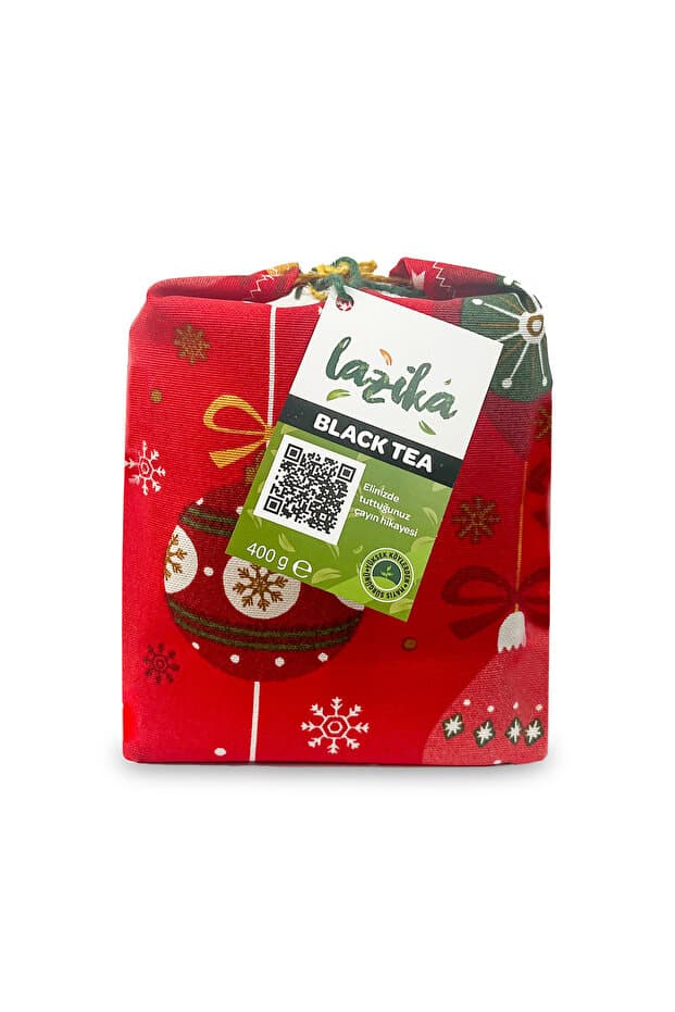 LAZİKA Kırmızı Yılbaşı Desenli Bez Ambalaj Siyah Çay 400 g - El Dikimi, Hediyelik, Mayıs Çayı