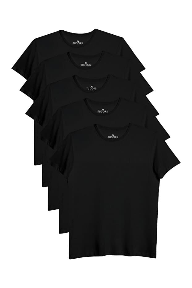 Tudors Unisex 5'li Paket Siyah Slim Fit Dar Kesim %100 Pamuk Bisiklet Yaka Tişört