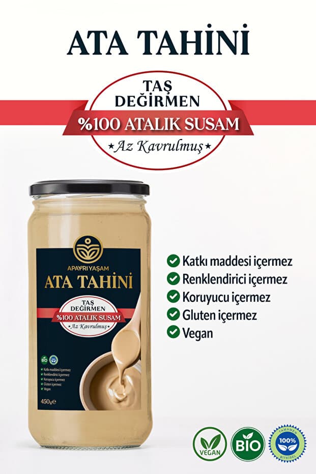 Apayrı Yaşam Ata Tahini (PESTİSİT & AĞIR METAL İÇERMEZ ANALİZLİ), Az Kavrulmuş, Taş Değirmen, Katkısız %100 Doğal