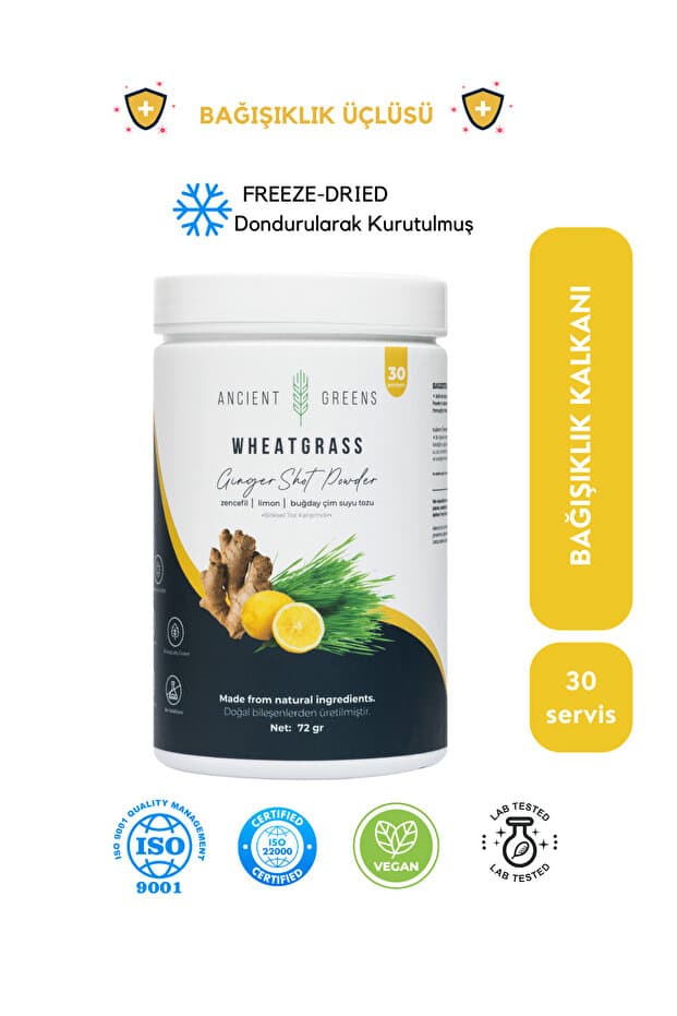 Ancient Greens Ginger Shot I Zencefil, Limon, Buğday Çimi Suyu Tozu Karışımı 72g 30 servis
